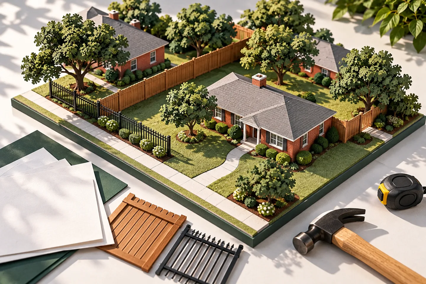 Generic miniature brick-home neighborhood with gray roofs, green planted yards, privacy and metal fences, plus blank plans, fence samples and hand tools on the tabletop.