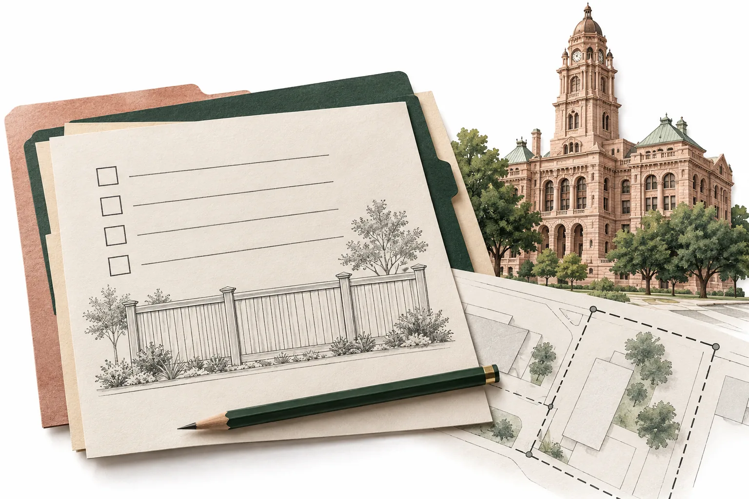 Courthouse-inspired Fort Worth editorial illustration beside blank permit paperwork and a conceptual fence elevation.