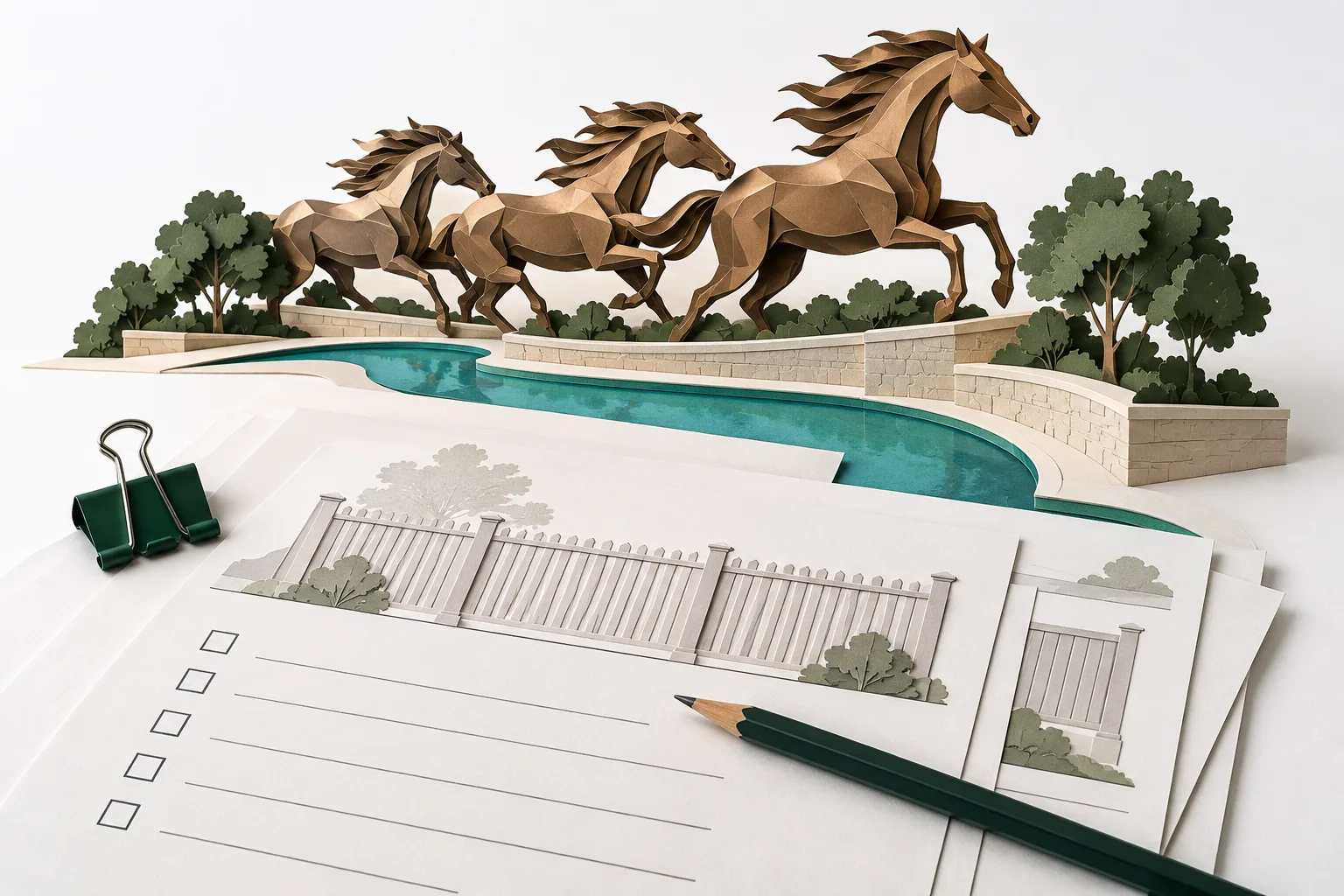 Editorial paper sculpture inspired by the Mustangs of Las Colinas, beside a blank permit checklist and conceptual fence-planning sketch.