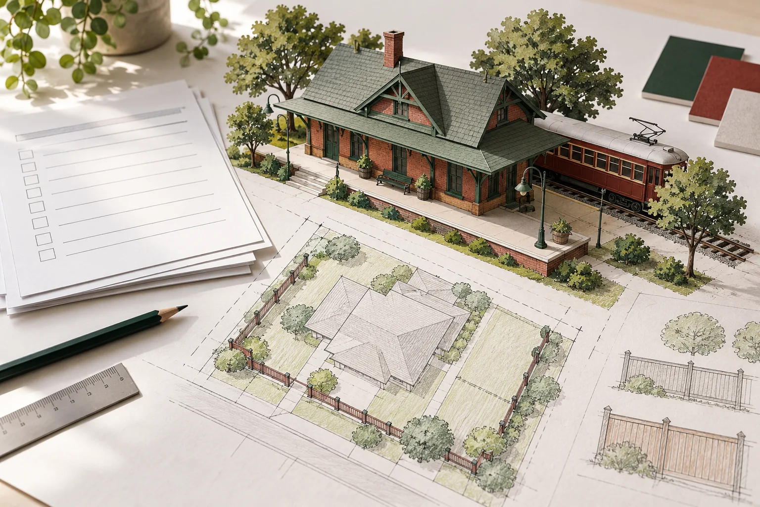 Paper-model illustration inspired by Plano's Interurban Railway Museum, with a fence site plan and blank permit checklist.